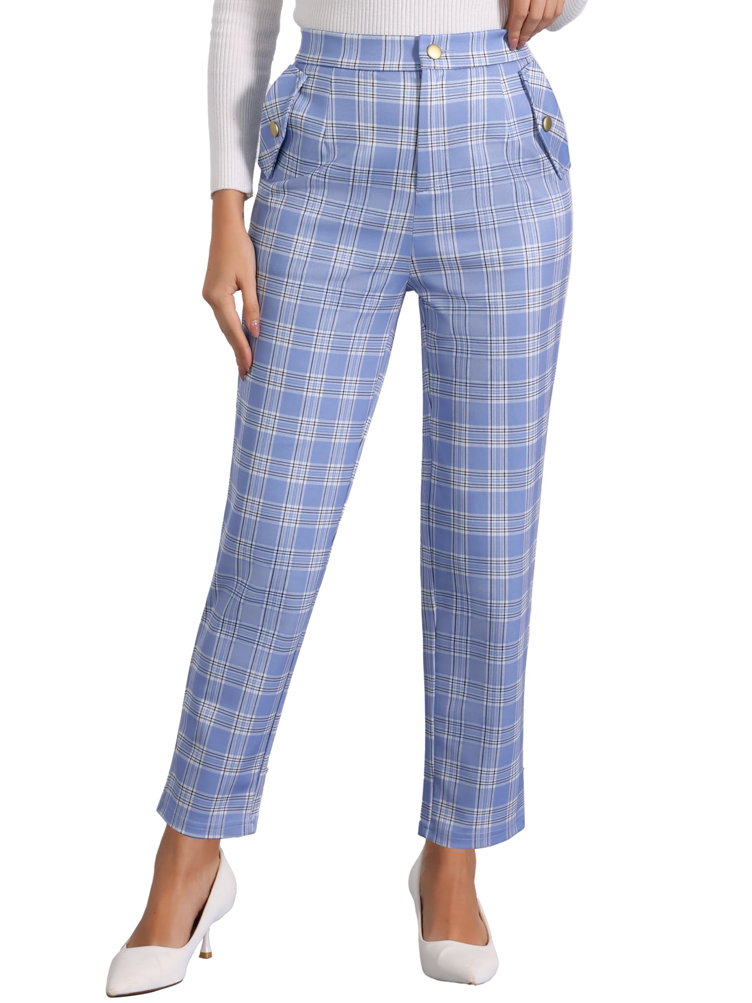DARING DIVA Women's Tartan Plaid Pants Elastic Waist Straight Trousers XS Light Blue