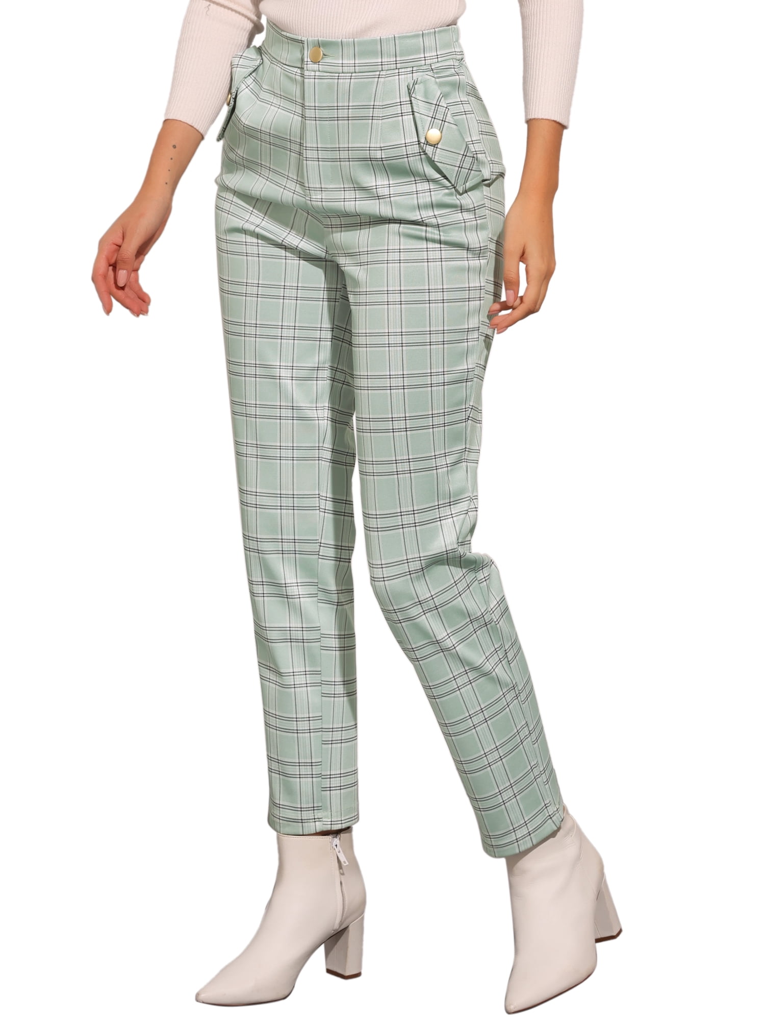 DARING DIVA Women's Tartan Plaid Pants Elastic Waist Straight Trousers XS Light Green