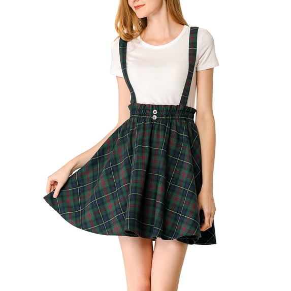 DARING DIVA Women's Tartan Plaid Skater Suspender Skirt L Blue Green