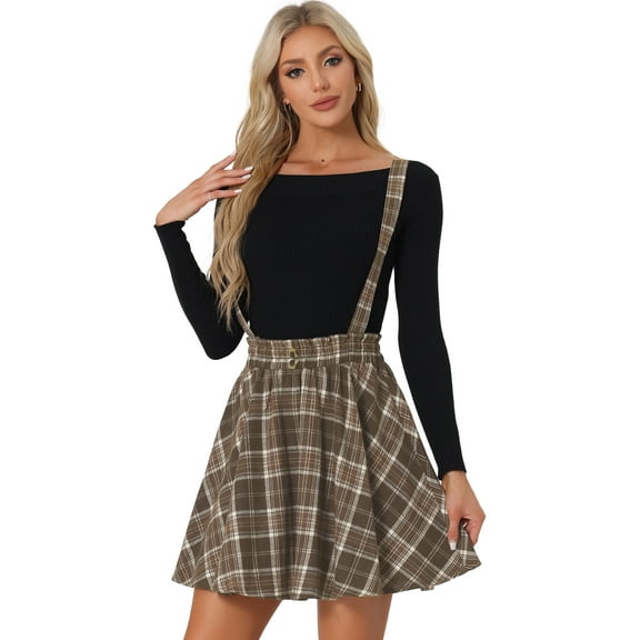 DARING DIVA Women's Tartan Plaid Skater Suspender Skirt M Coffee Brown