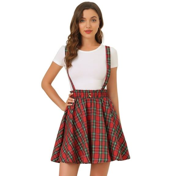 DARING DIVA Women's Tartan Plaid Skater Suspender Skirt S Red Green