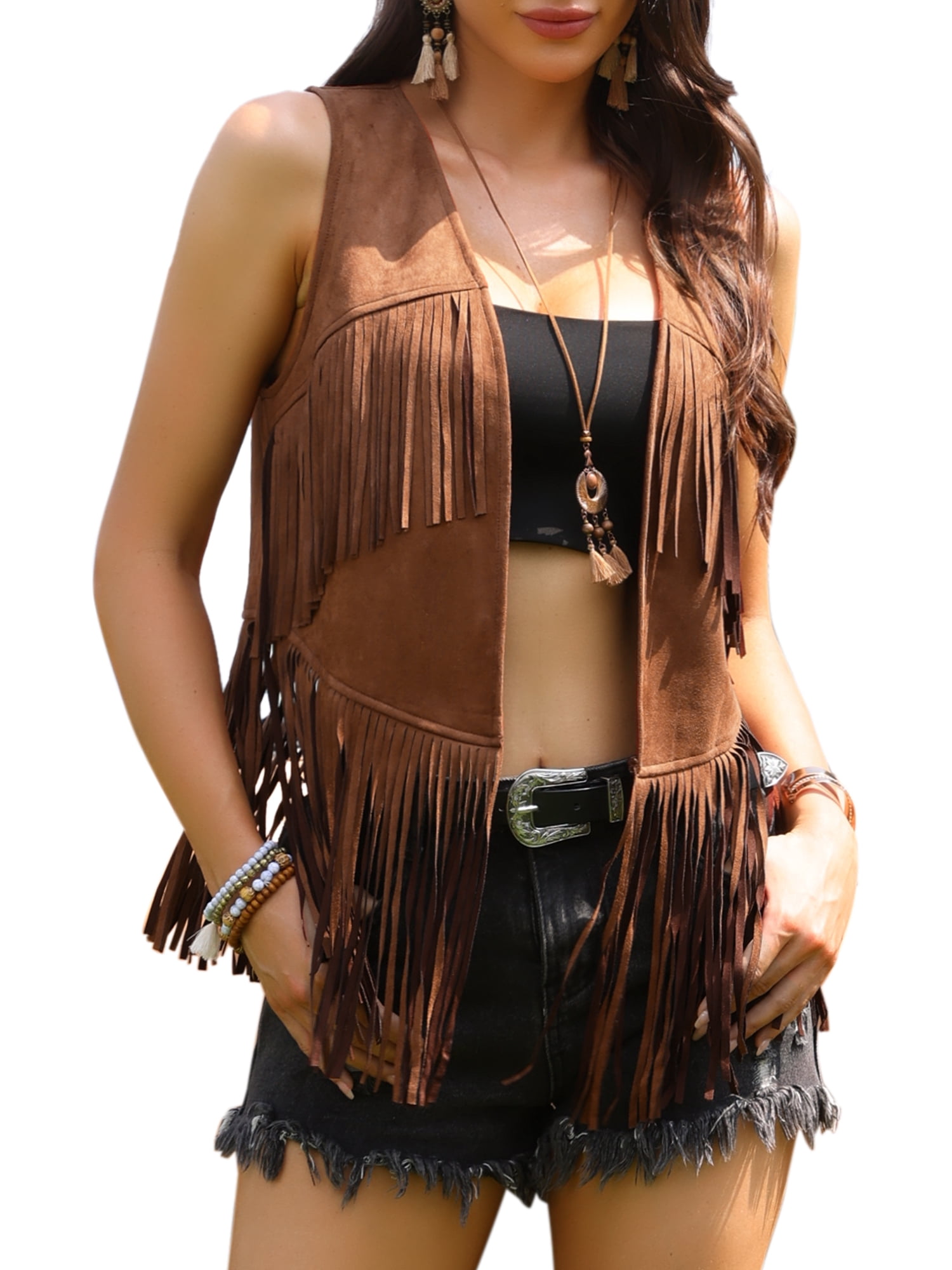 DARING DIVA Women's Tassel Fringe Outfits Faux Suede Sleeveless Jacket XS Brown