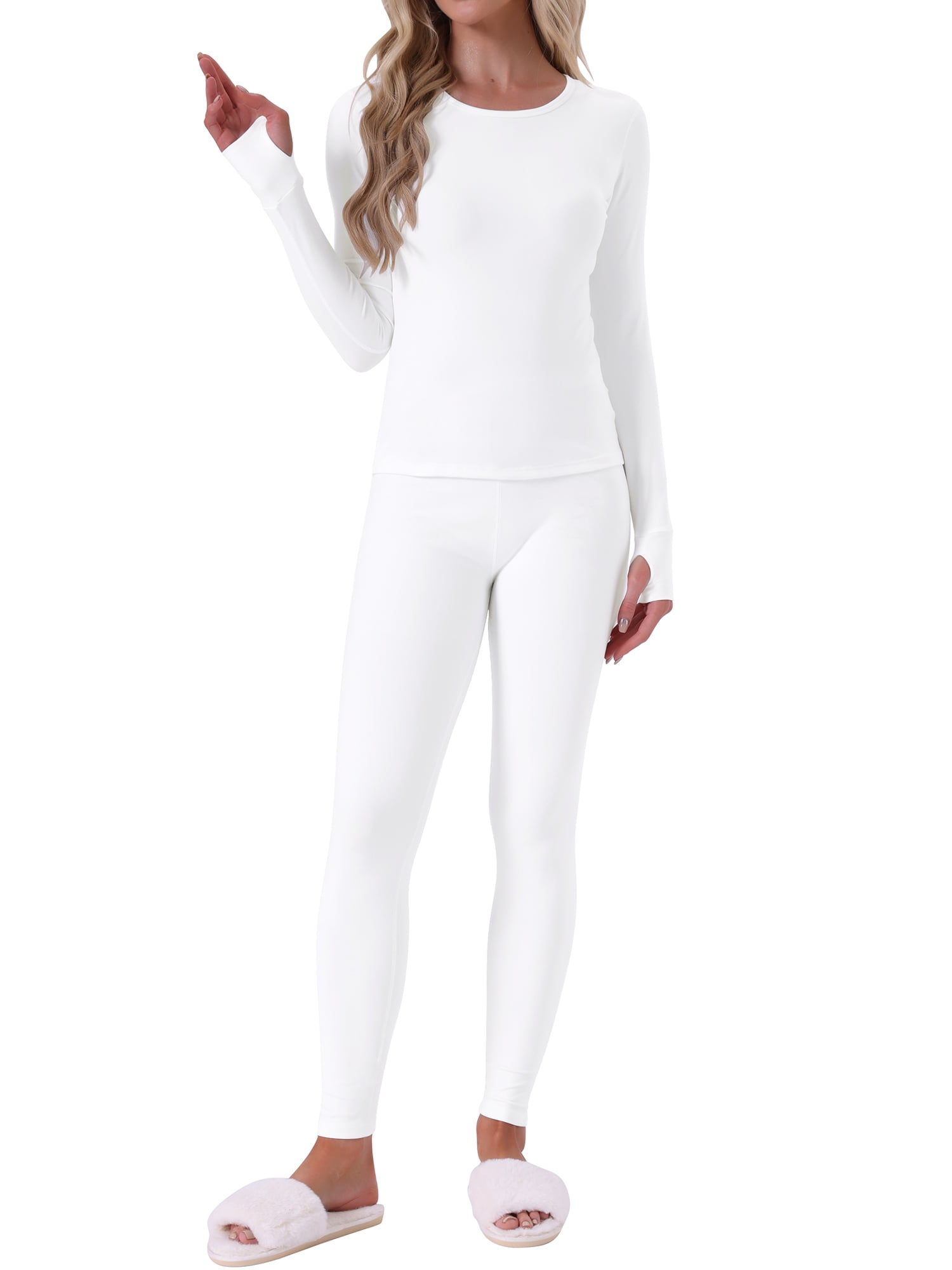 DARING DIVA Women's Thermal Sets Underwear Long Sleeve Fleece with Leggings L White