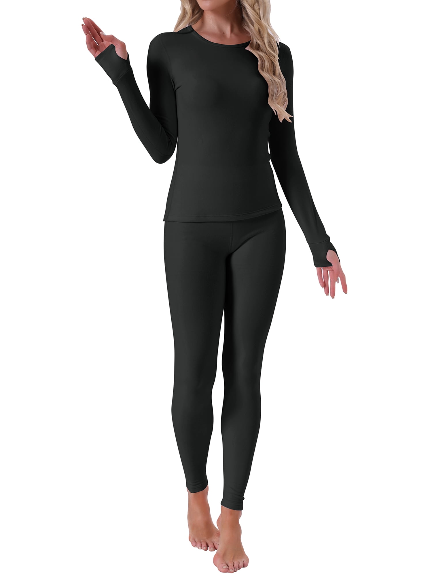 DARING DIVA Women's Thermal Sets Underwear Long Sleeve Fleece with Leggings M Black