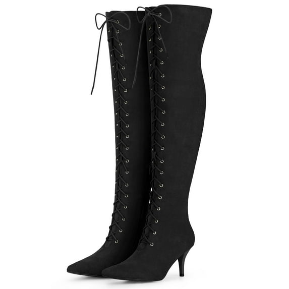 DARING DIVA Women's Thigh High Lace Up Stiletto Heel Over Knee High Boots Black 8.5