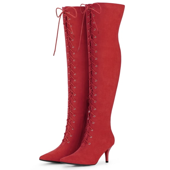 DARING DIVA Women's Thigh High Lace Up Stiletto Heel Over Knee High Boots Red 9
