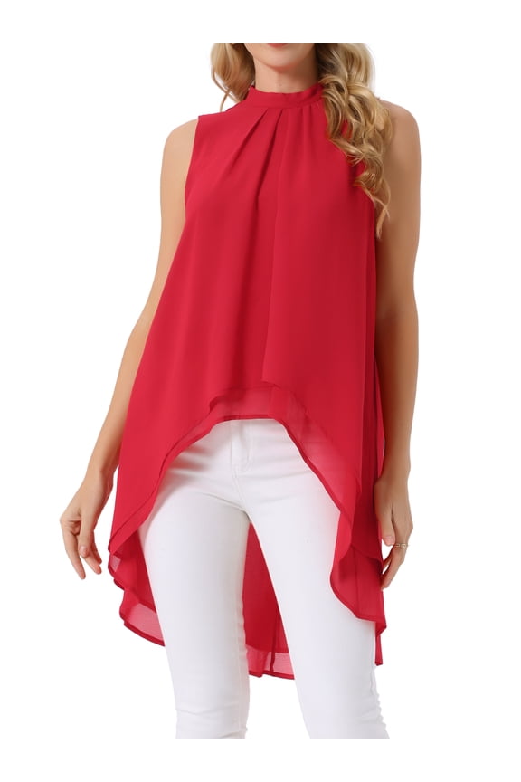 Women's Tie Back High Low Hem Sleeveless Mock Neck Blouses XL Red