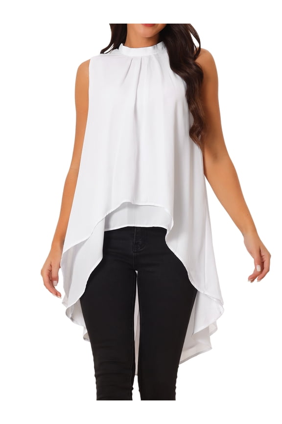 Women's Tie Back High Low Mock Neck Blouse Tops L White