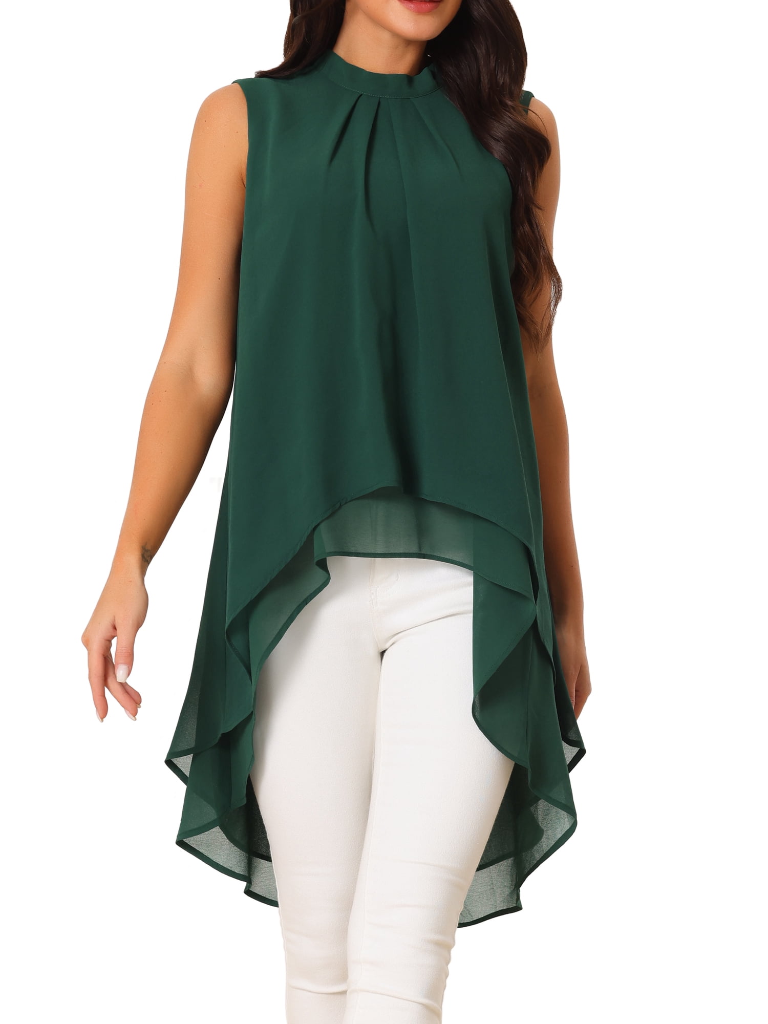 DARING DIVA Women's Tie Back High Low Mock Neck Blouse Tops S Dark Green