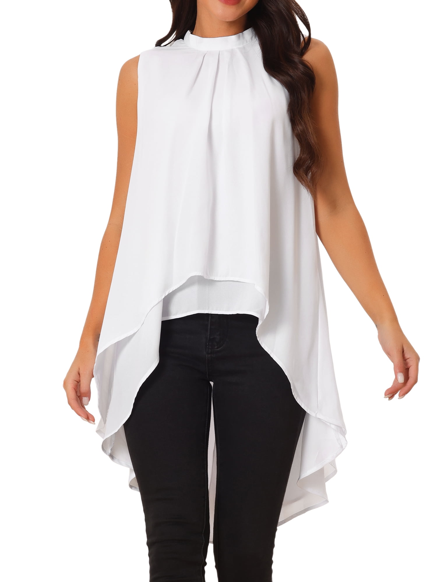 DARING DIVA Women's Tie Back High Low Mock Neck Blouse Tops S White