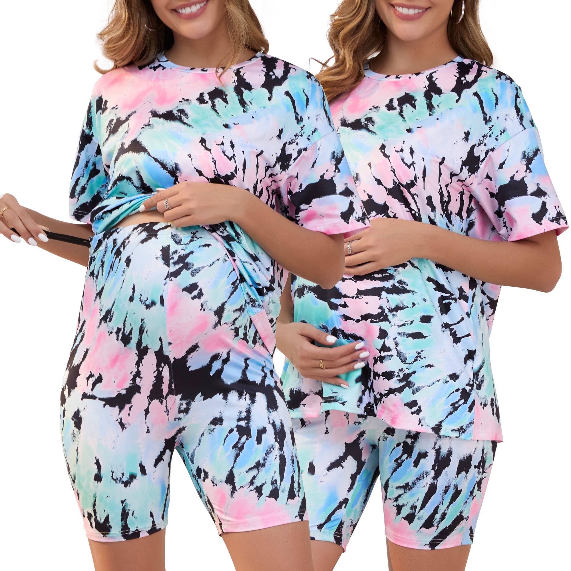DARING DIVA Women's Tie Dye 2-Piece Maternity Pajama Set L Green Tie Dye