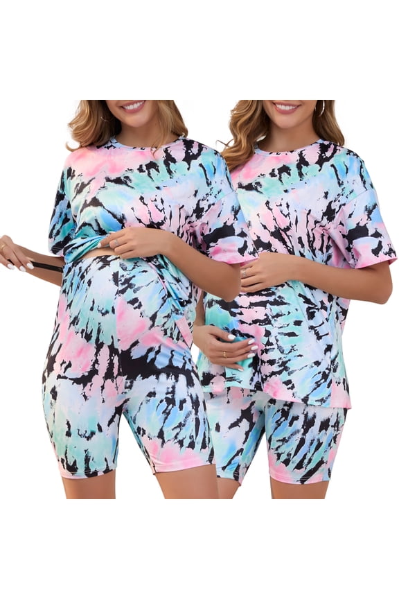 Women's Tie Dye 2-Piece Maternity Pajama Set S Green Tie Dye