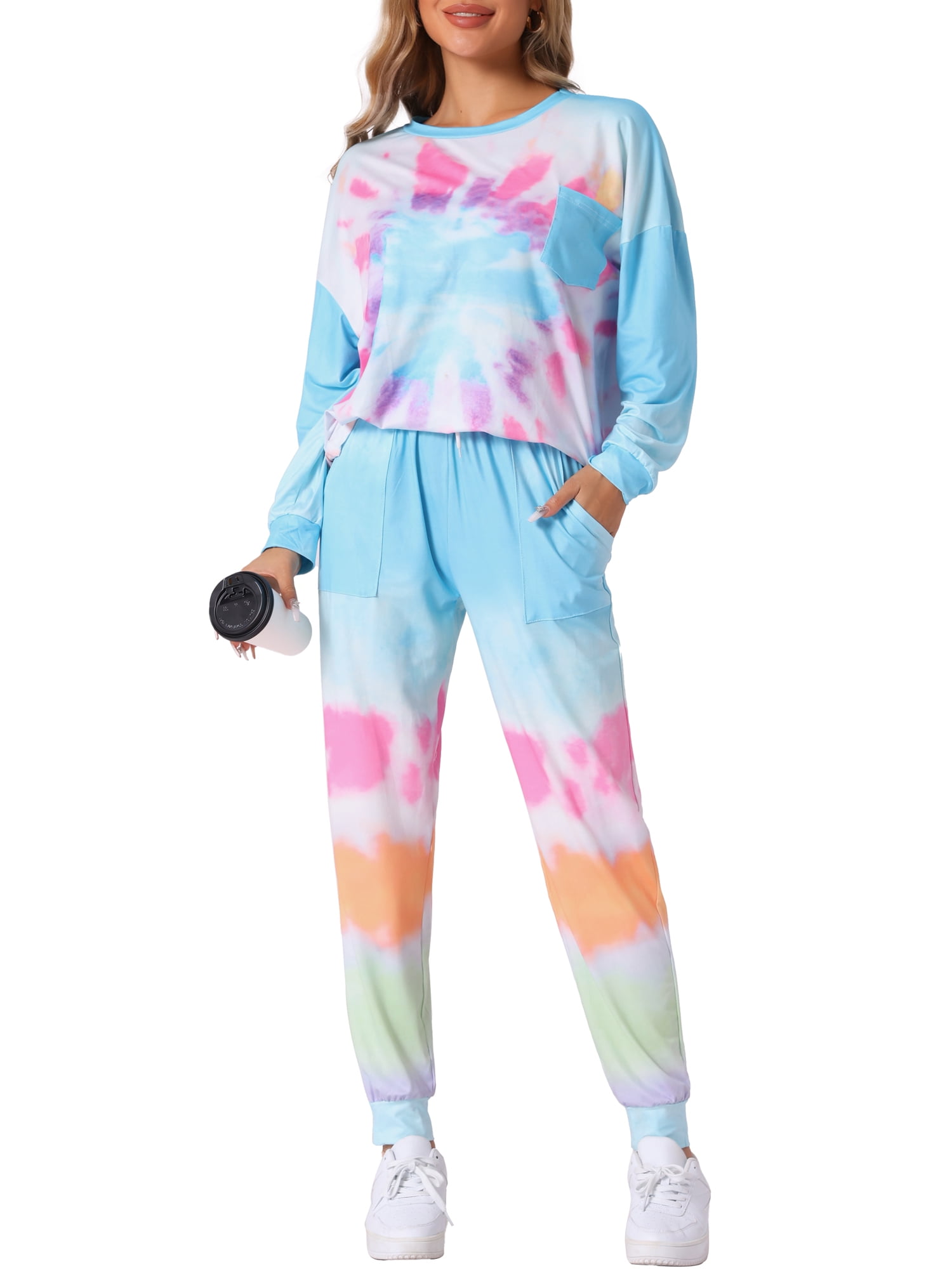 DARING DIVA Women's Tie Dye Long Sleeve Front Pocket Pajamas Set S Blue