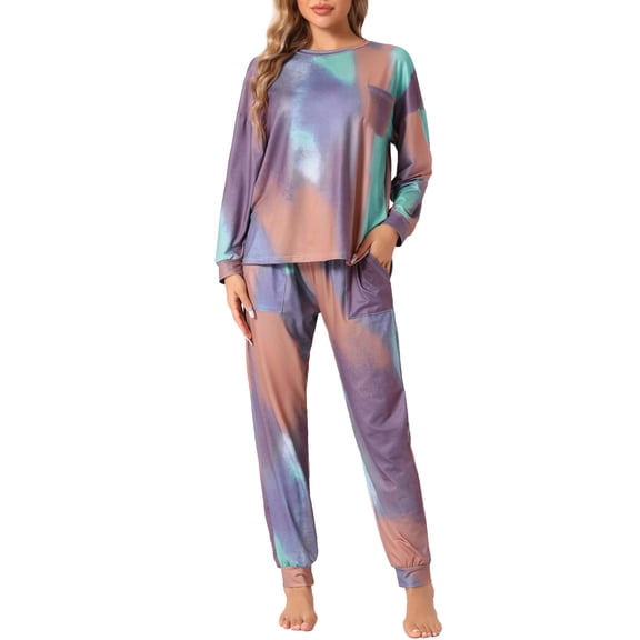 DARING DIVA Women's Tie Dye Long Sleeve Front Pocket Pajamas Set S Purple