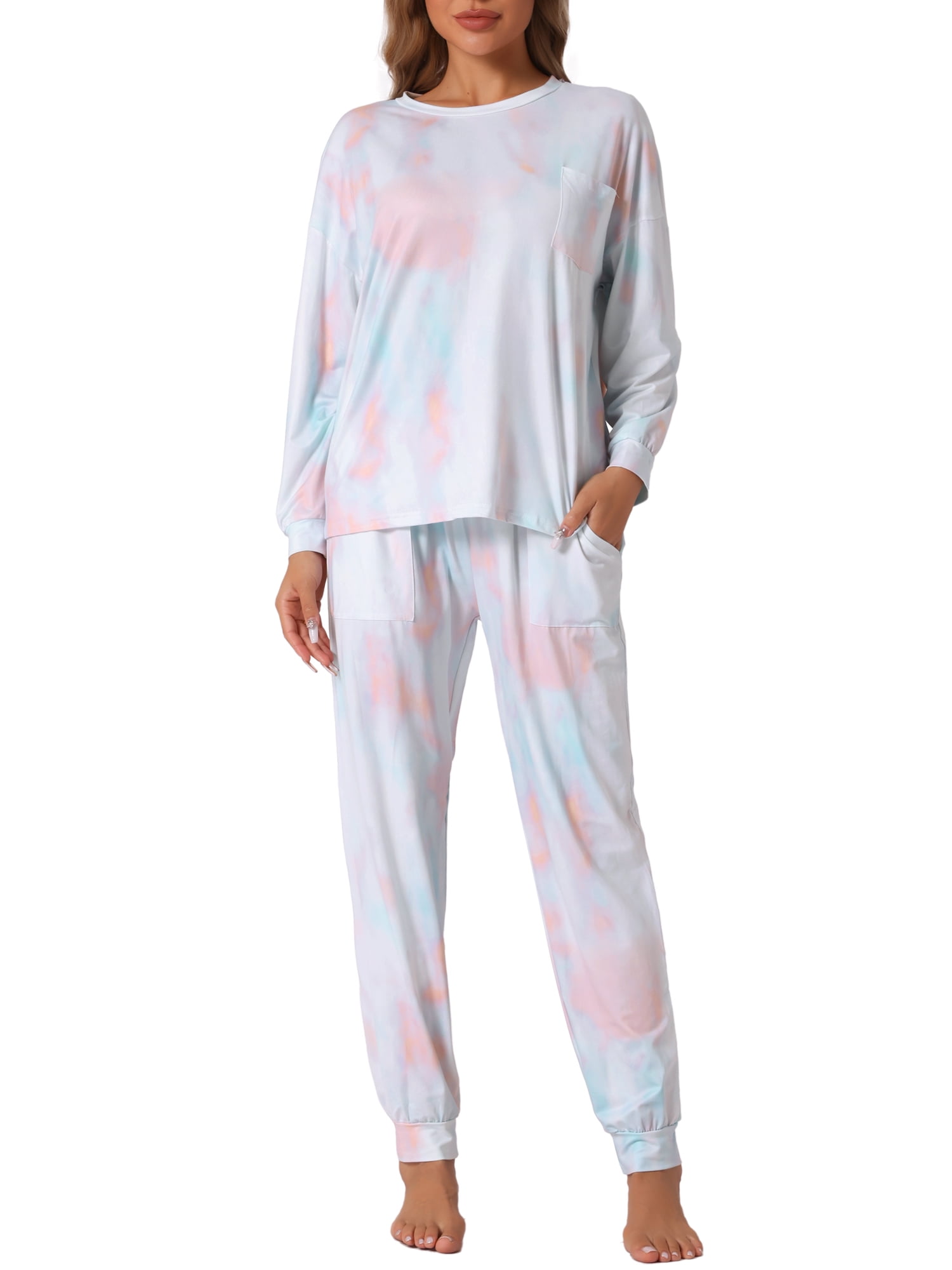 DARING DIVA Women's Tie Dye Long Sleeve Front Pocket Pajamas Set S White