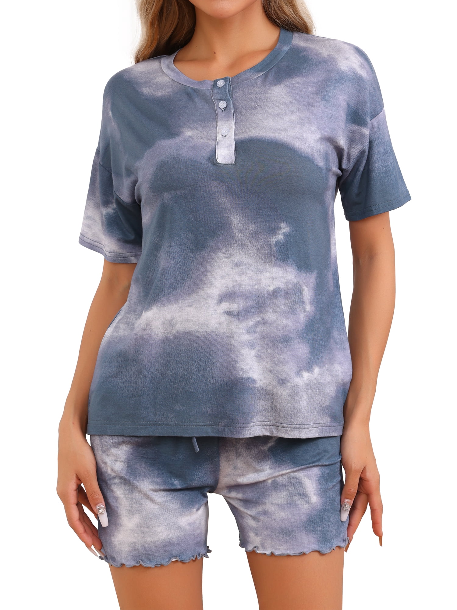 DARING DIVA Women's Tie Dye Short Sleeve Shirt Button Up Pajama Set L Blue