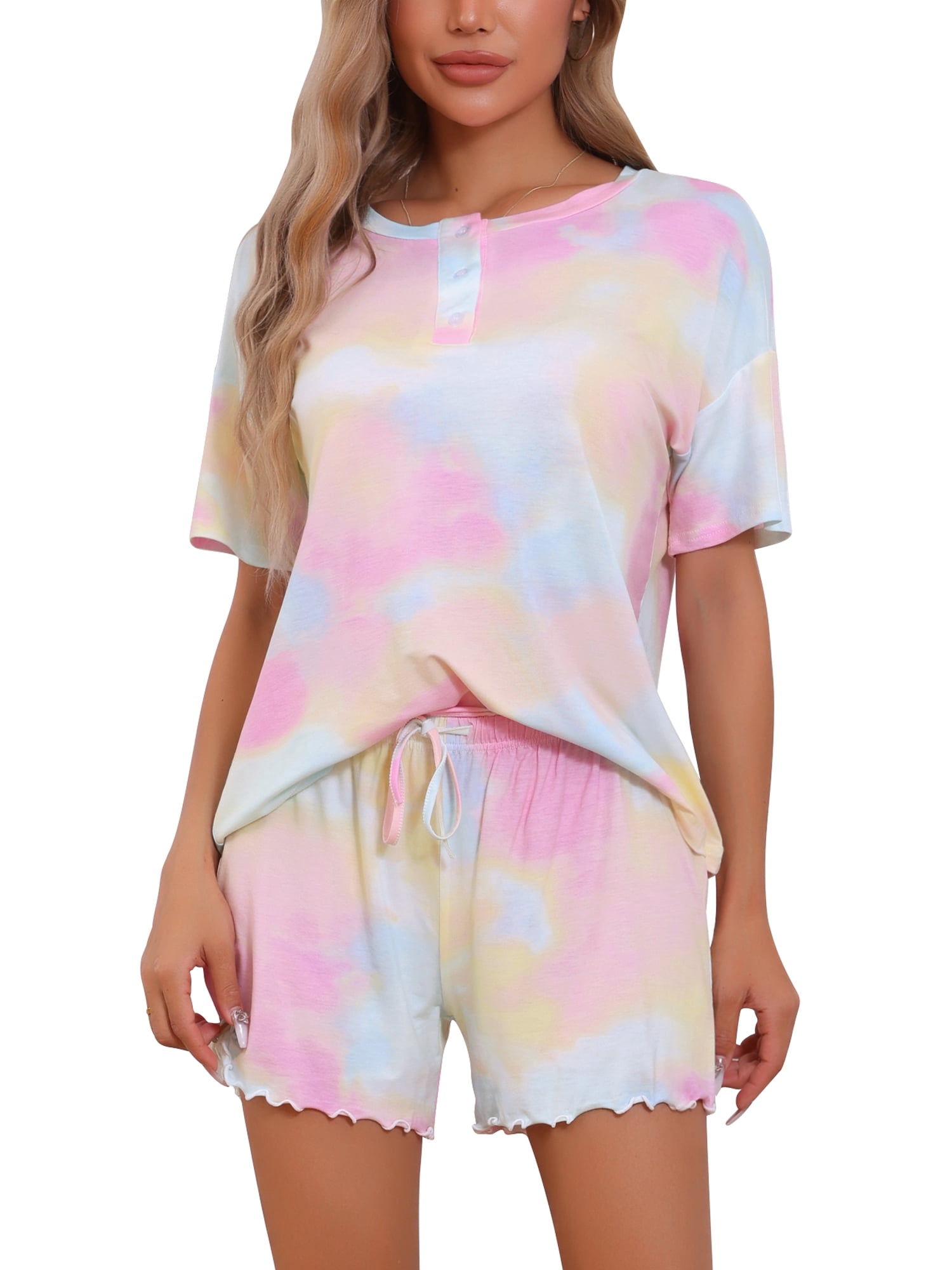 DARING DIVA Women's Tie Dye Short Sleeve Shirt Button Up Pajama Set XS Pink