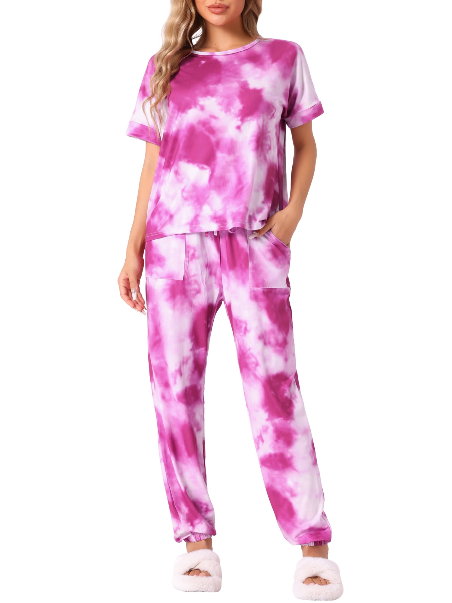 DARING DIVA Women's Tie Dye T-shirts with Pants Pajamas Set L Rose
