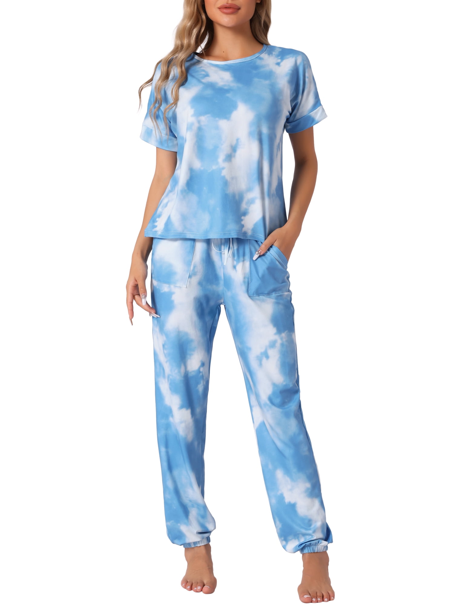 DARING DIVA Women's Tie Dye T-shirts with Pants Pajamas Set M Blue