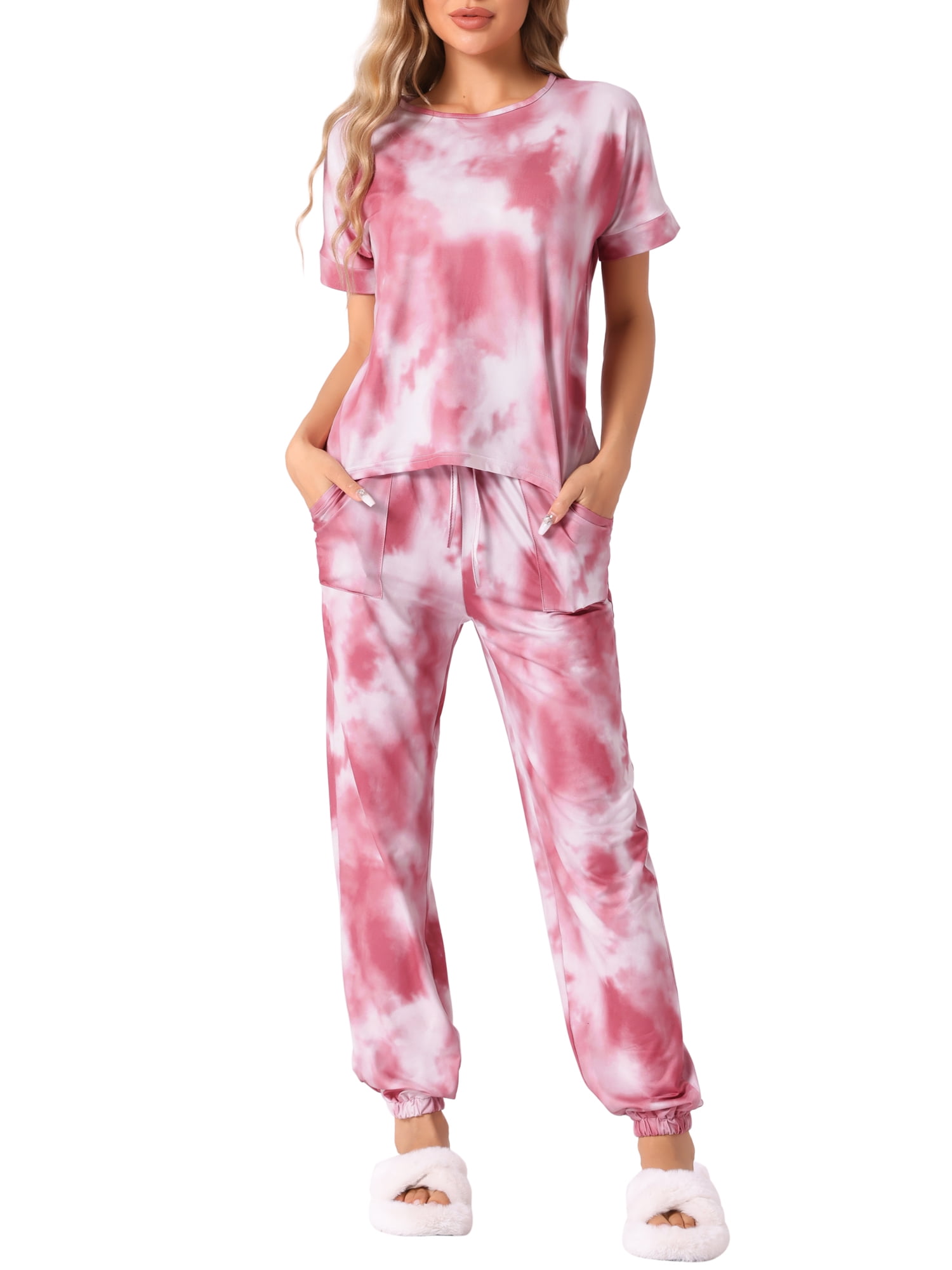 DARING DIVA Women's Tie Dye T-shirts with Pants Pajamas Set M Red