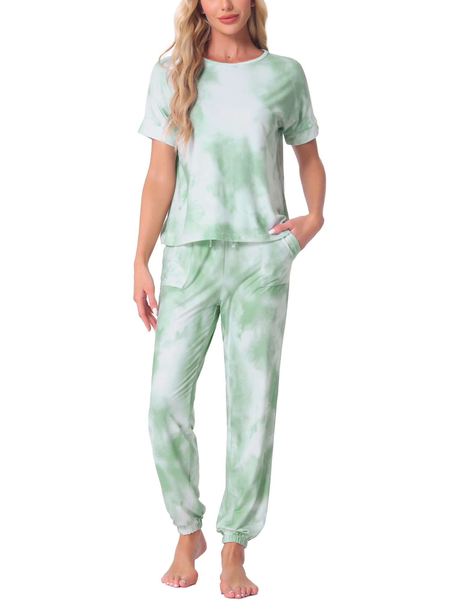 DARING DIVA Women's Tie Dye T-shirts with Pants Pajamas Set XS Green