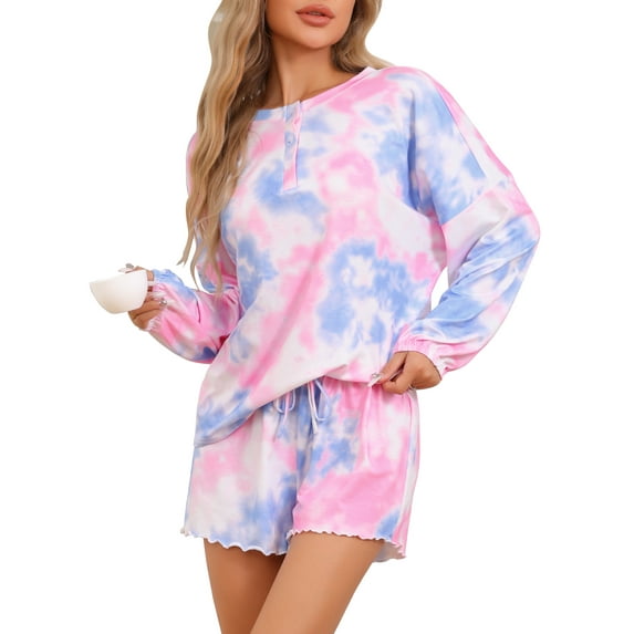 DARING DIVA Women's Tie Dye Tops with Shorts Pajamas Sets M Blue Purple