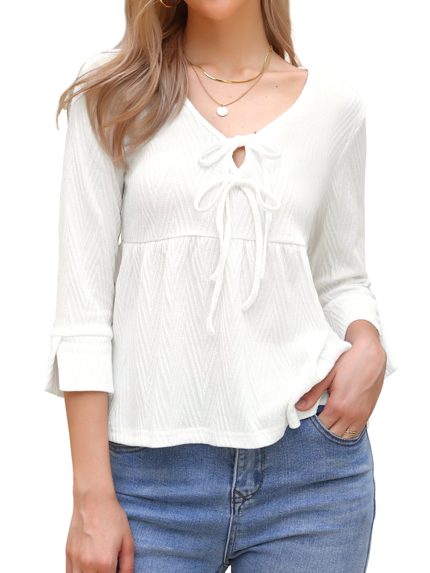DARING DIVA Women's Tie Front 3/4 Sleeve Peplum Blouse XL White