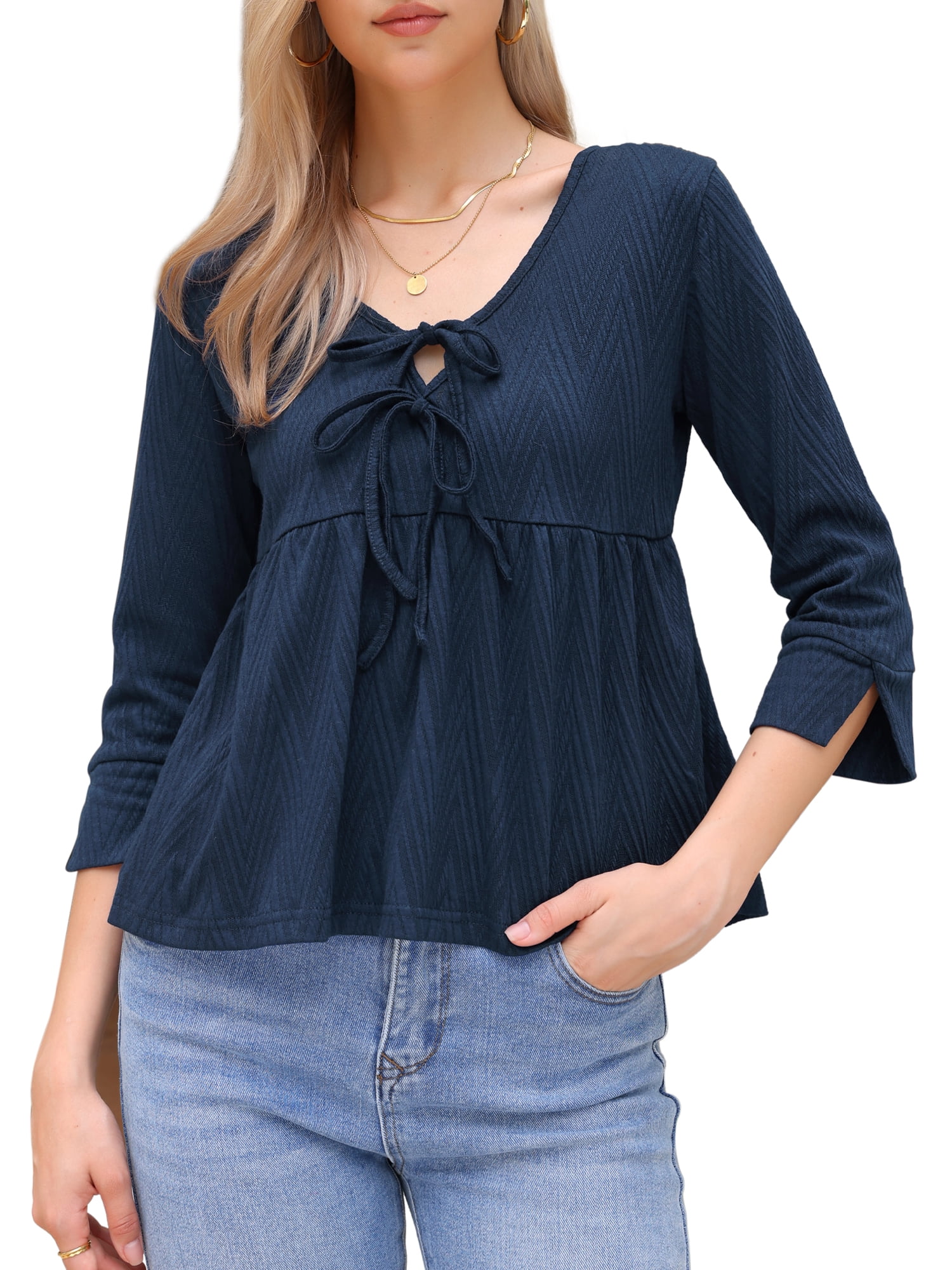 DARING DIVA Women's Tie Front 3/4 Sleeve Peplum Blouse XS Dark Blue