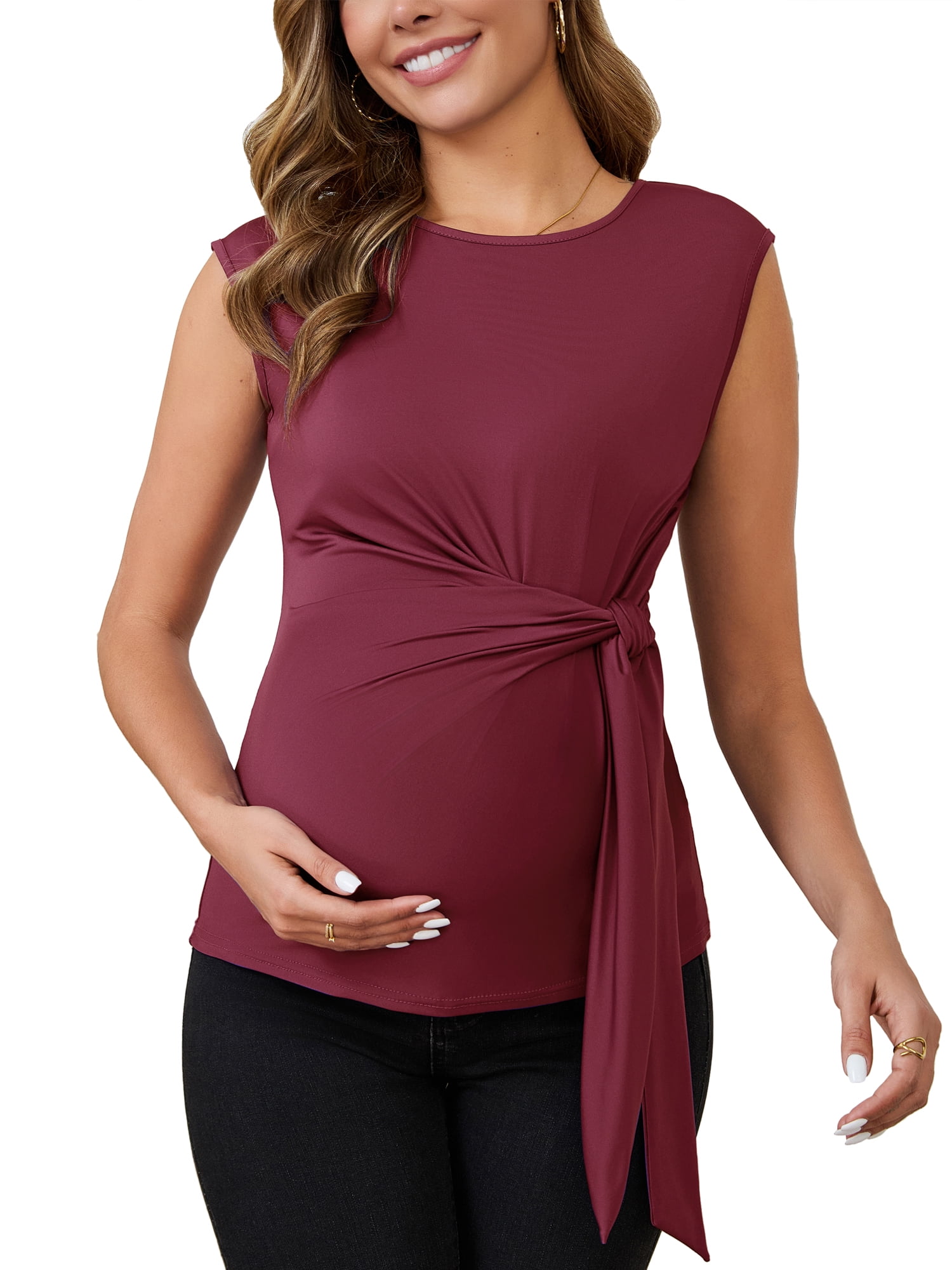 DARING DIVA Women's Tie Front Belted Cap Sleeve Maternity Blouse S Red