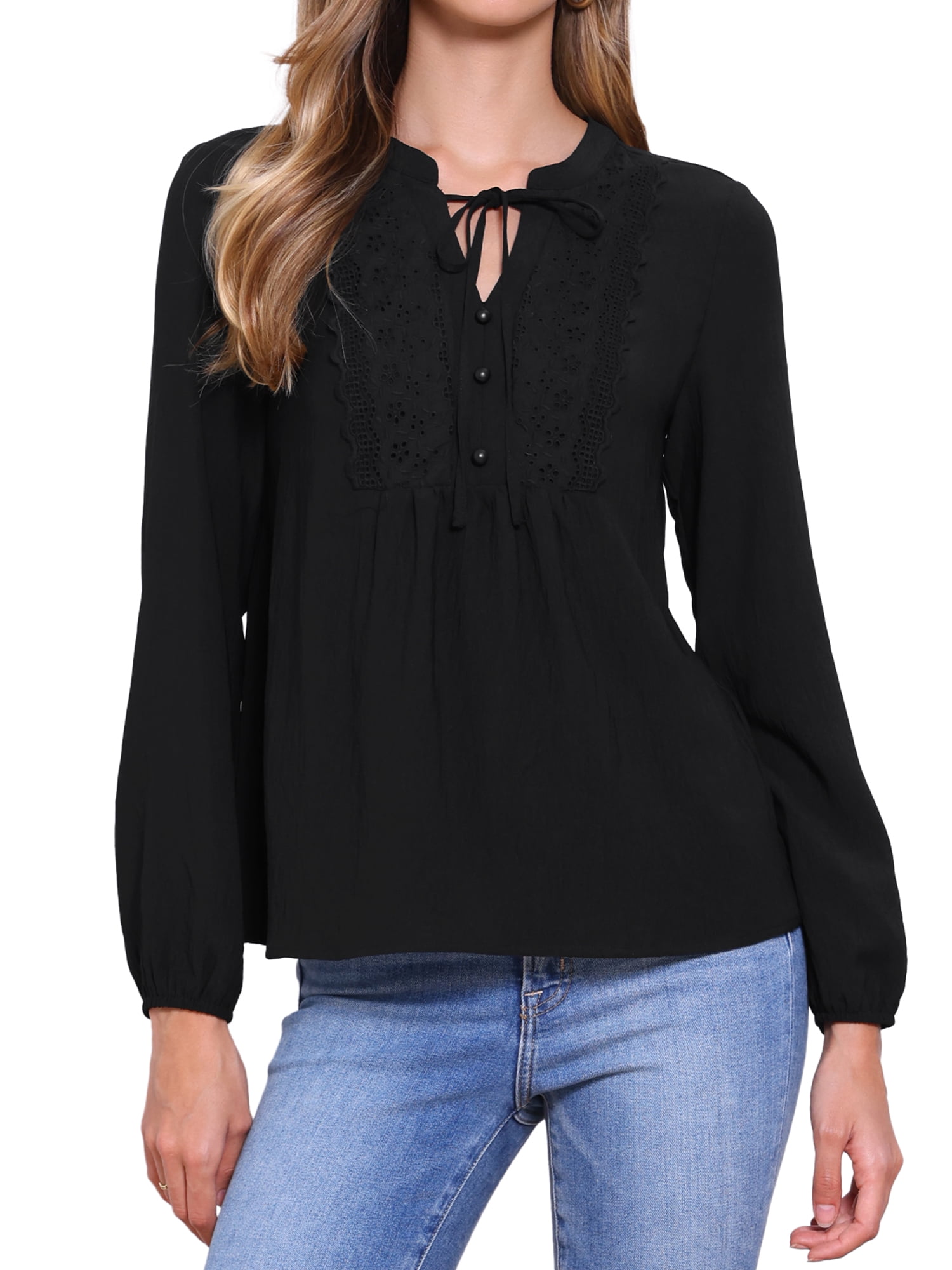 DARING DIVA Women's Tie Front Casual V Neck Blouses M Black