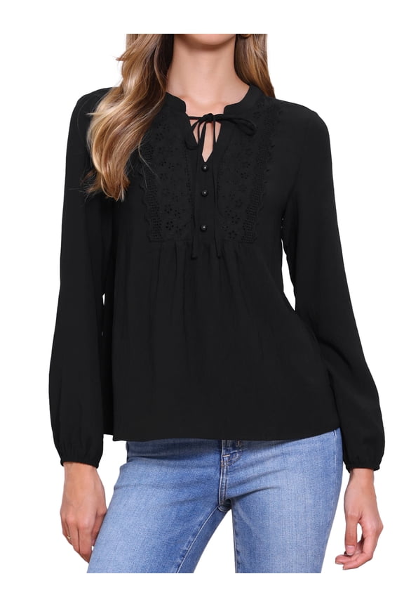 Women's Tie Front Casual V Neck Blouses M Black