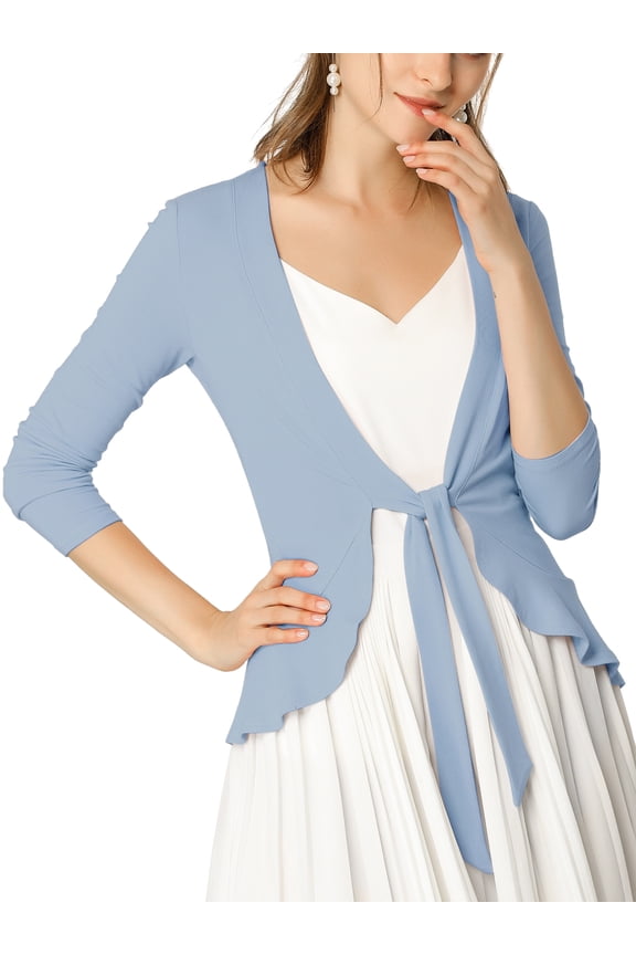 Women's Tie Front Ruffled Hem Crop Knit Cardigan M Light Blue