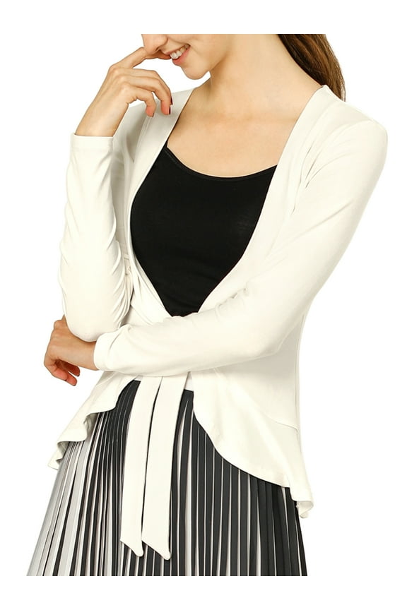 Women's Tie Front Ruffled Hem Crop Knit Cardigan M White