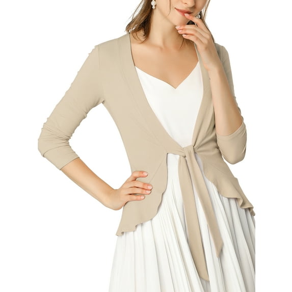 DARING DIVA Women's Tie Front Ruffled Hem Crop Knit Cardigan S Camel