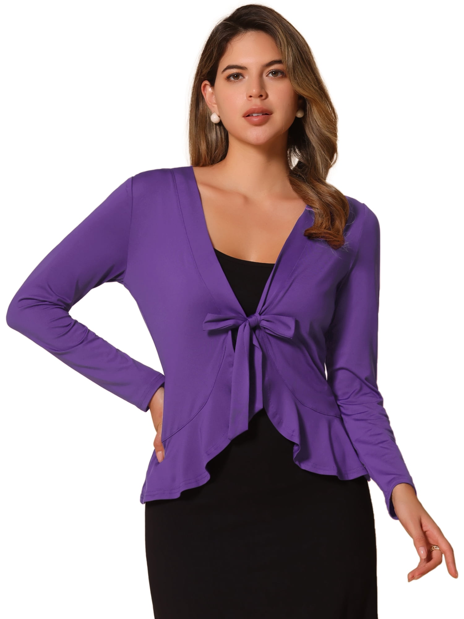 DARING DIVA Women's Tie Front Ruffled Hem Crop Knit Cardigan S Deep Purple