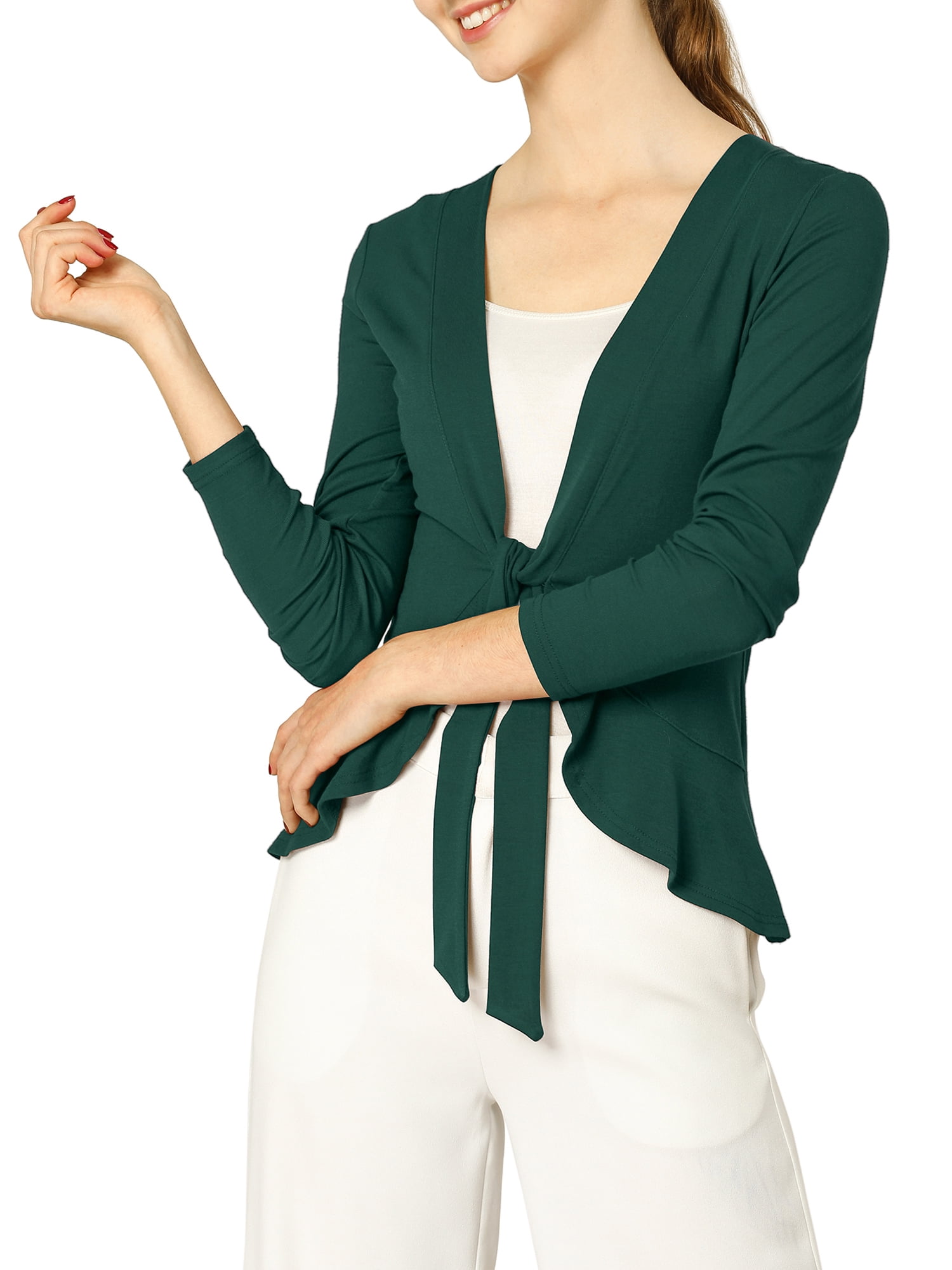 DARING DIVA Women's Tie Front Ruffled Hem Crop Knit Cardigan S Green