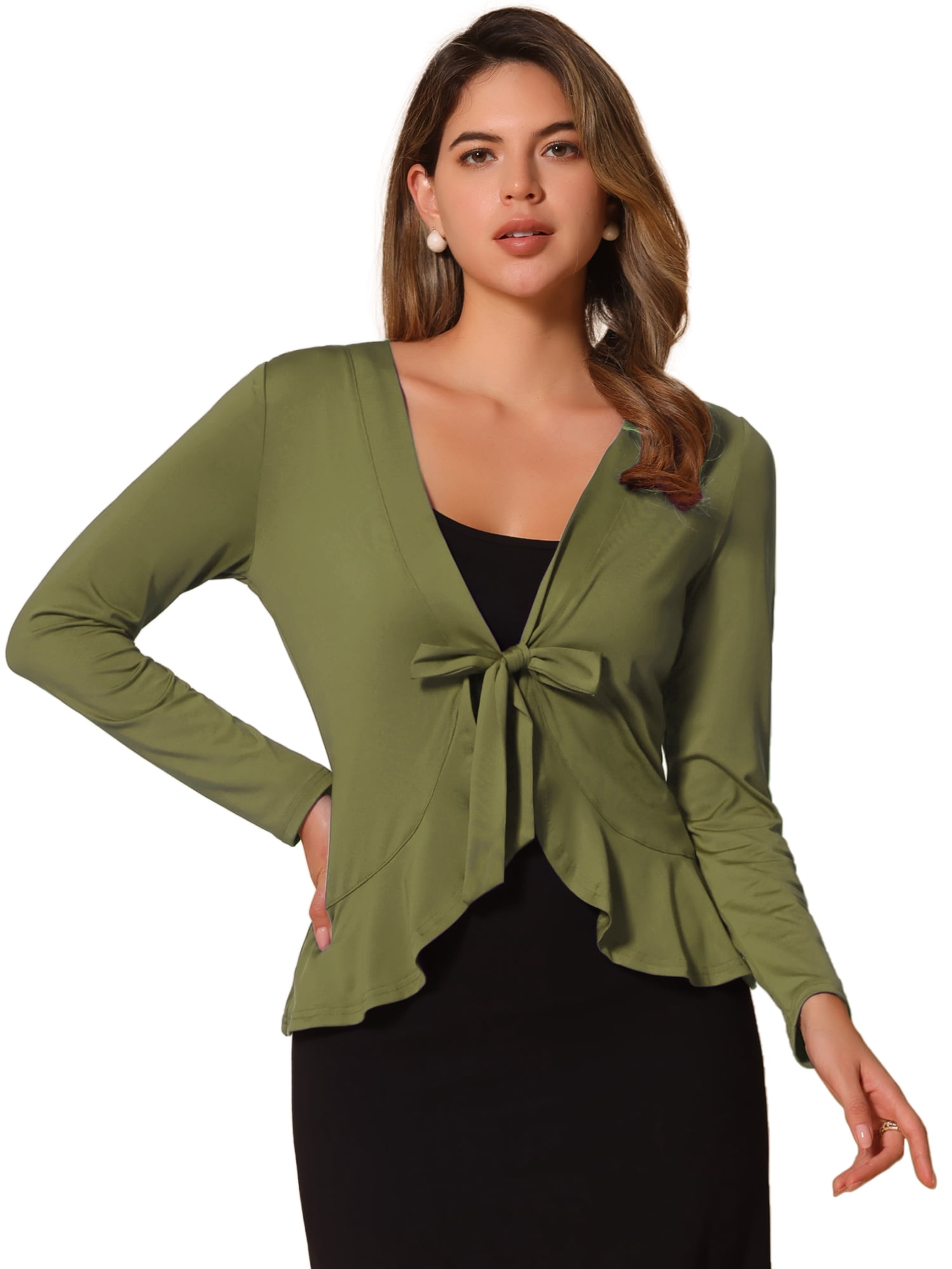 DARING DIVA Women's Tie Front Ruffled Hem Crop Knit Cardigan S Olive Green