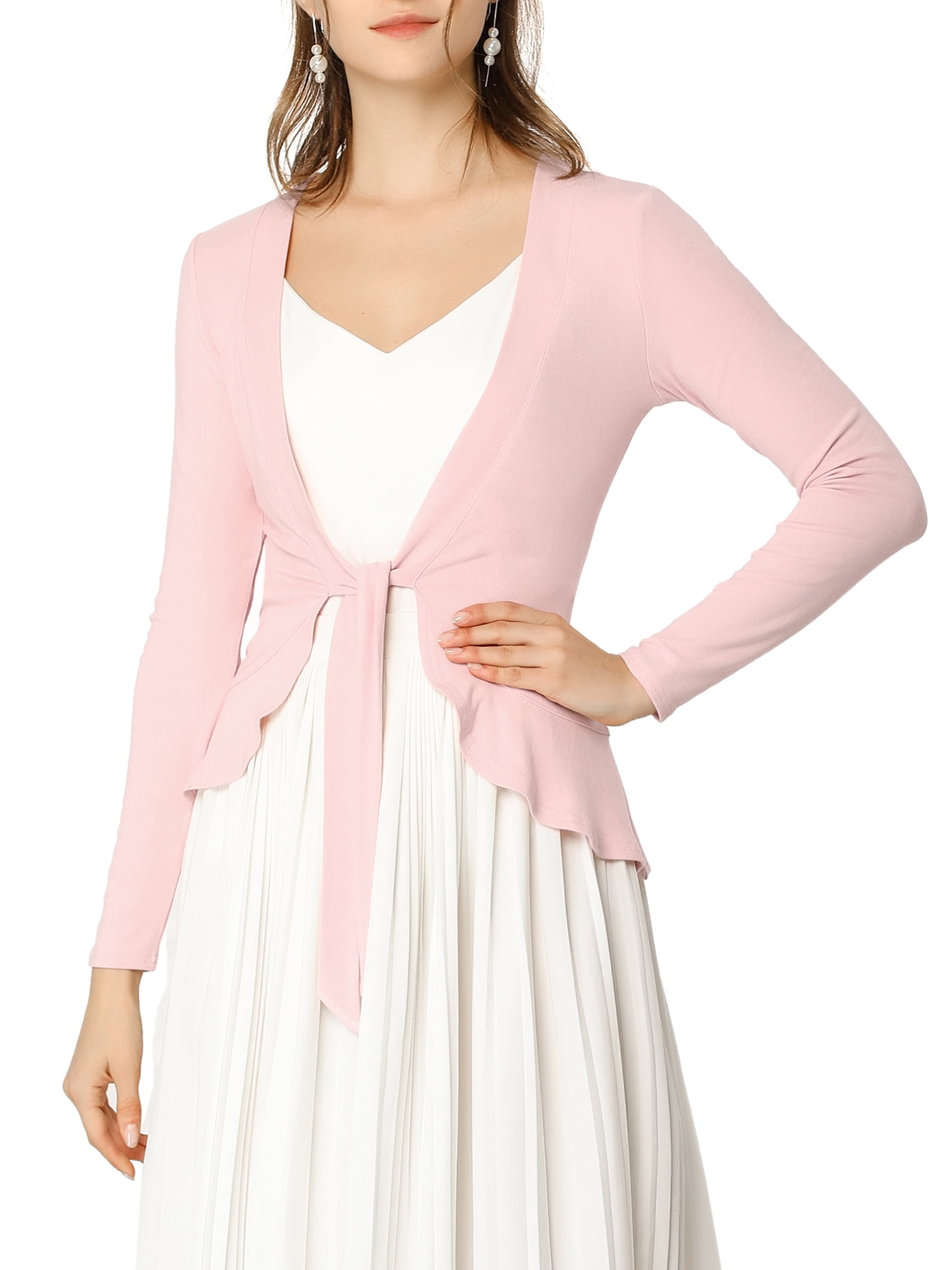 DARING DIVA Women's Tie Front Ruffled Hem Crop Knit Cardigan S Pink