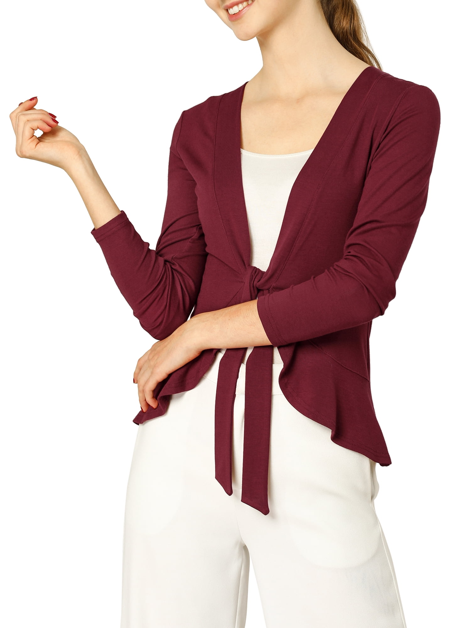 DARING DIVA Women's Tie Front Ruffled Hem Crop Knit Cardigan XL Burgundy