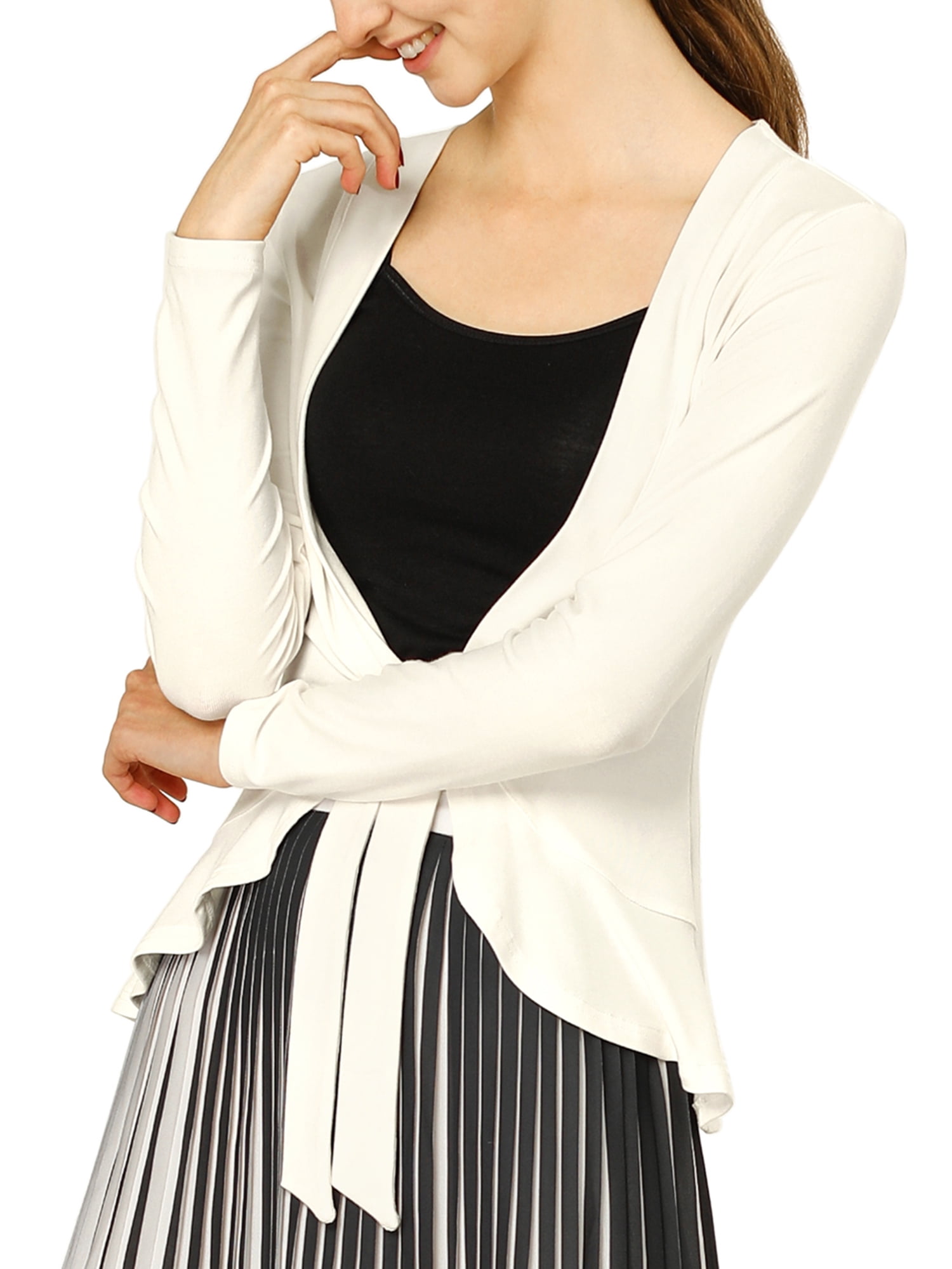 DARING DIVA Women's Tie Front Ruffled Hem Crop Knit Cardigan XL White