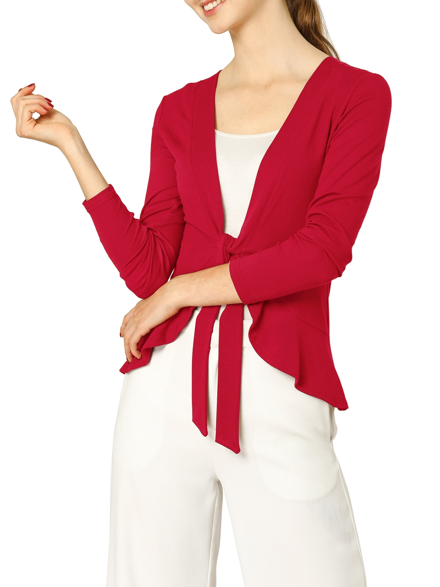 DARING DIVA Women's Tie Front Ruffled Hem Crop Knit Cardigan XS Red