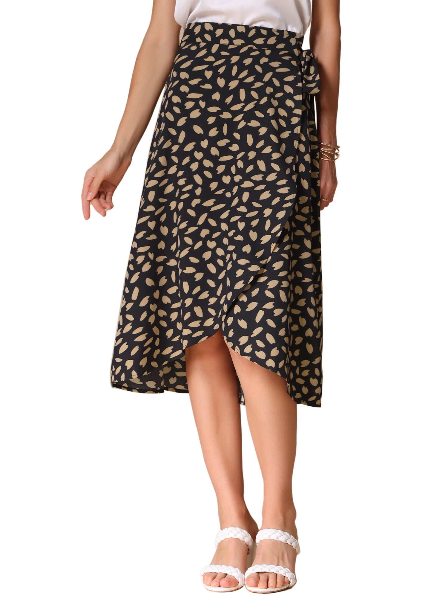 DARING DIVA Women's Tie Front Split Floral Wrap Midi Skirts L Black