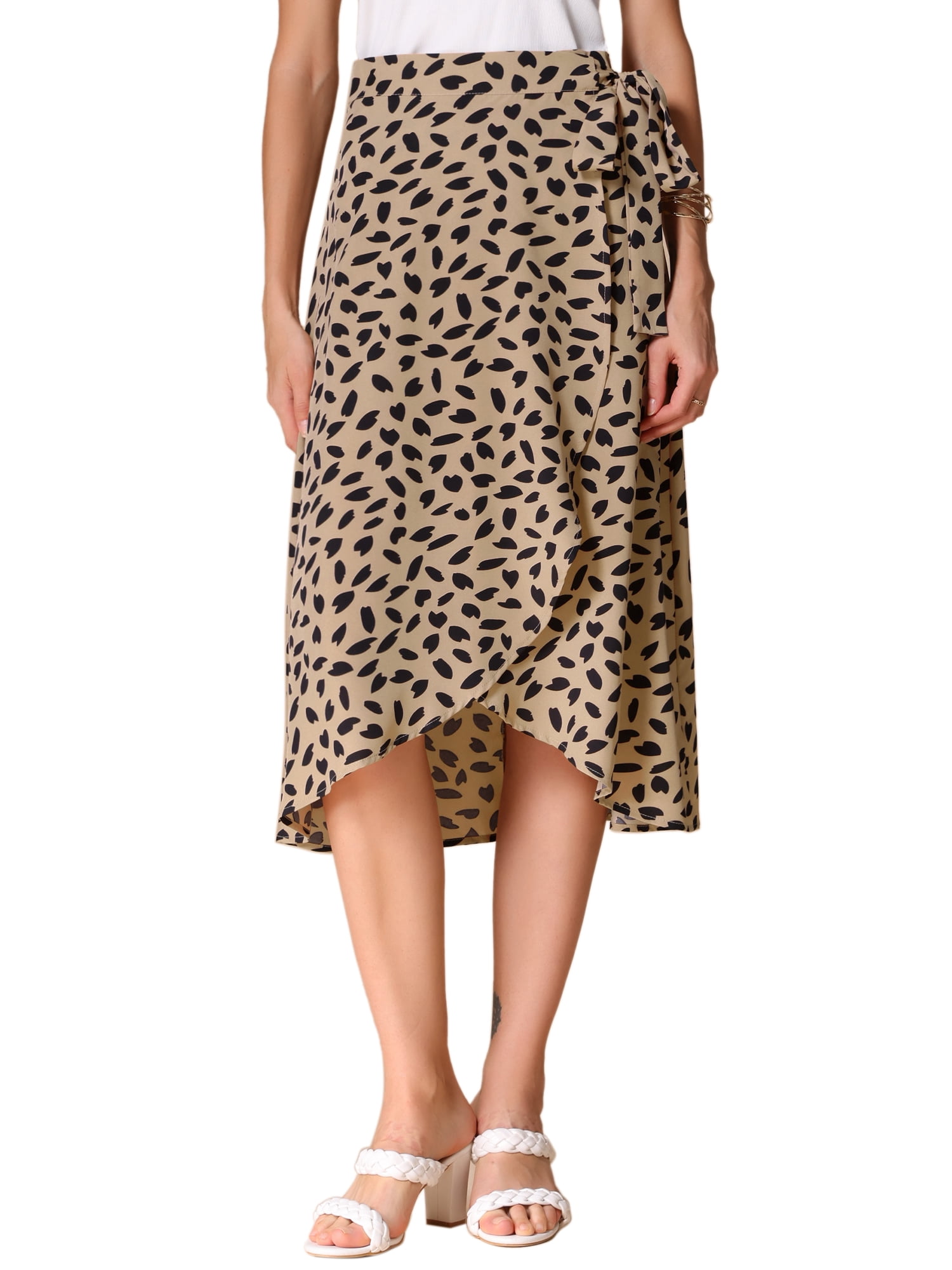 DARING DIVA Women's Tie Front Split Floral Wrap Midi Skirts S Khaki