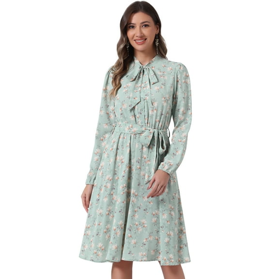 DARING DIVA Women's Tie Neck Chiffon Long Sleeve Belted Floral Dress M Light Green