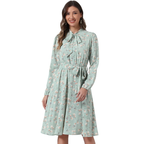 DARING DIVA Women's Tie Neck Chiffon Long Sleeve Belted Floral Dress M Light Green