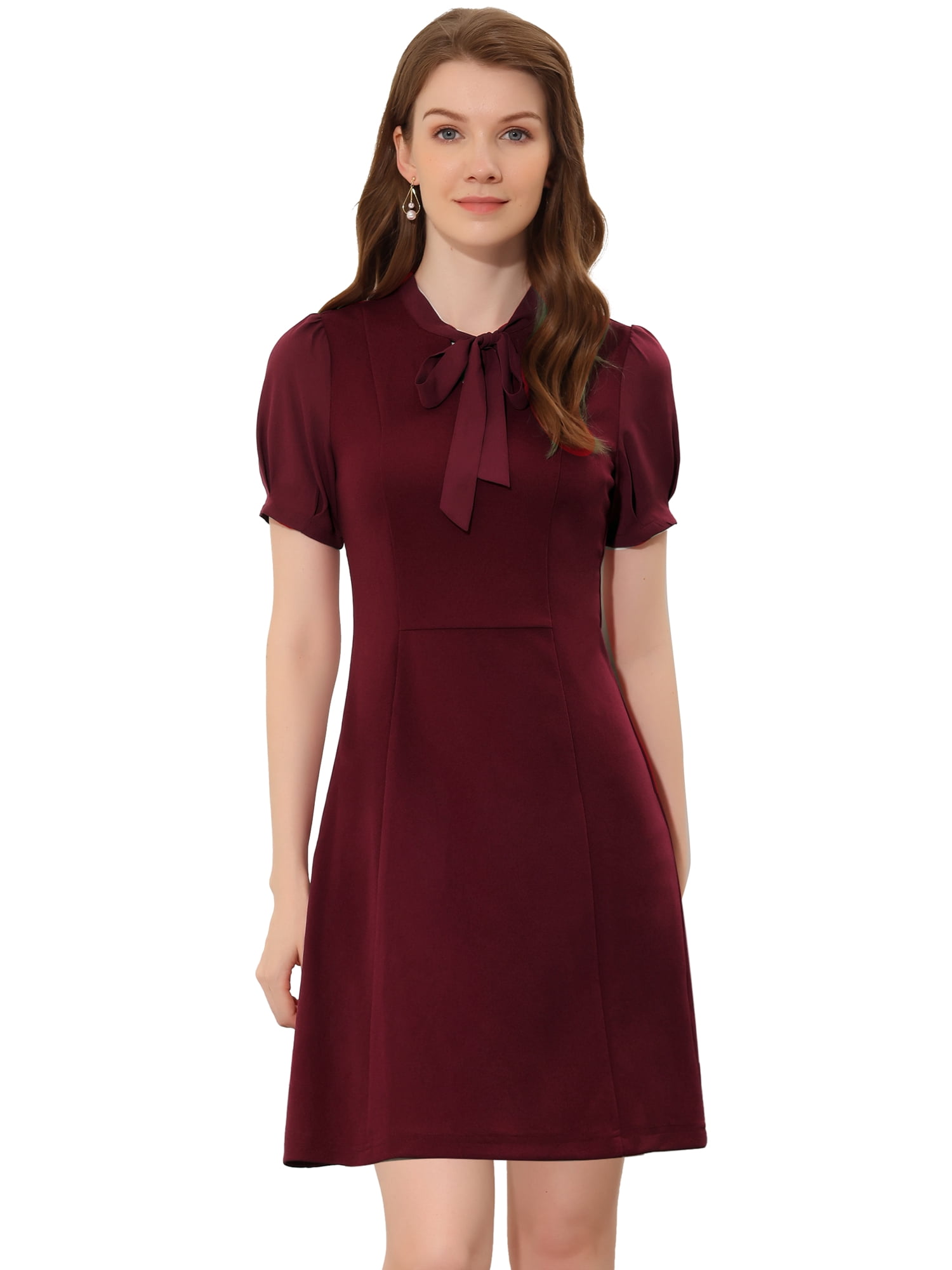 DARING DIVA Women's Tie Neck Puff Short Sleeve Office Work Dress XS Burgundy