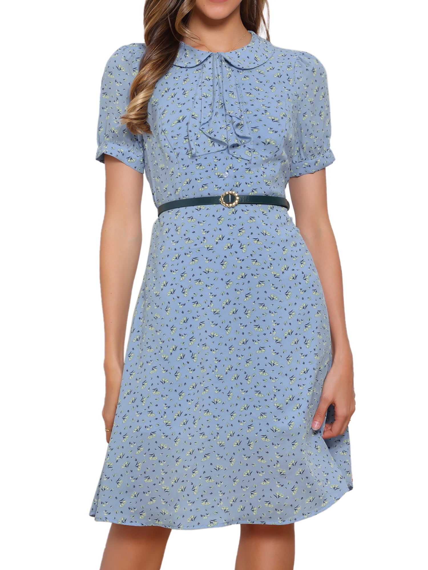 DARING DIVA Women's Tie Neck Short Sleeves A-Line Belted Floral Dress M Sky Blue