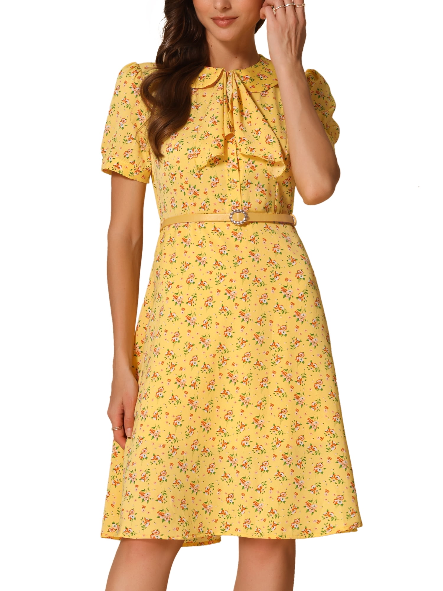 DARING DIVA Women's Tie Neck Short Sleeves A-Line Belted Floral Dress M Yellow