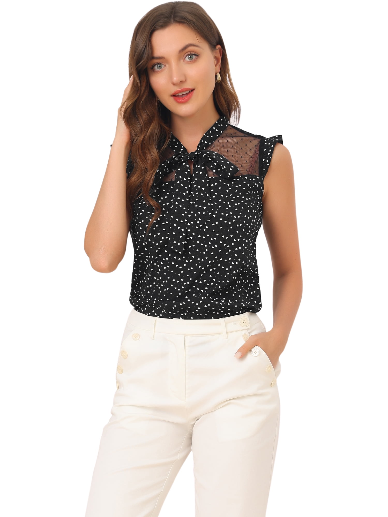 DARING DIVA Women's Tie Neck Sleeveless Mesh Panel Retro Heart Shirt Blouse XS Black