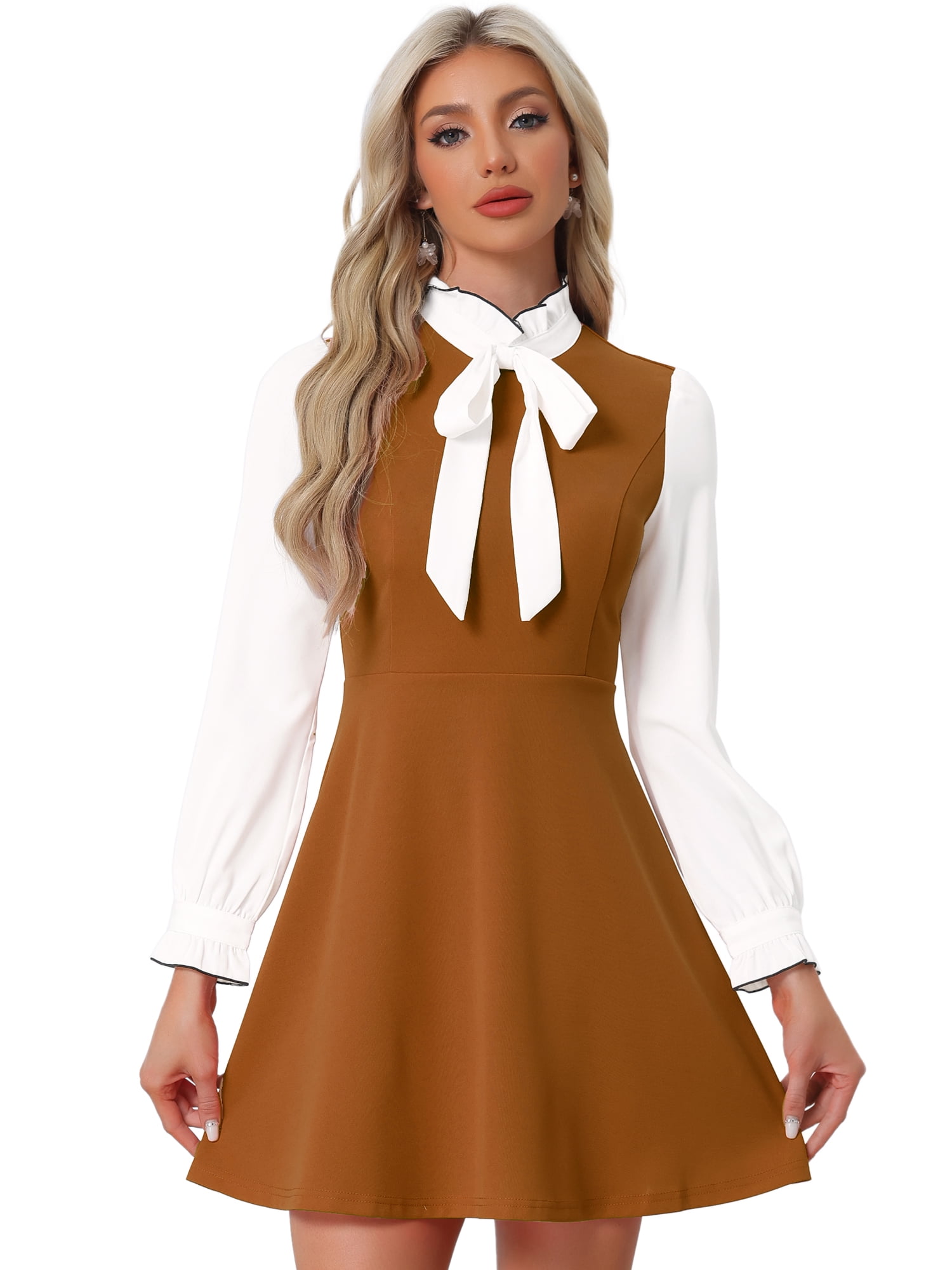 DARING DIVA Women's Tie Neck Vintage Long Sleeve Contrast Color Dress L Brown
